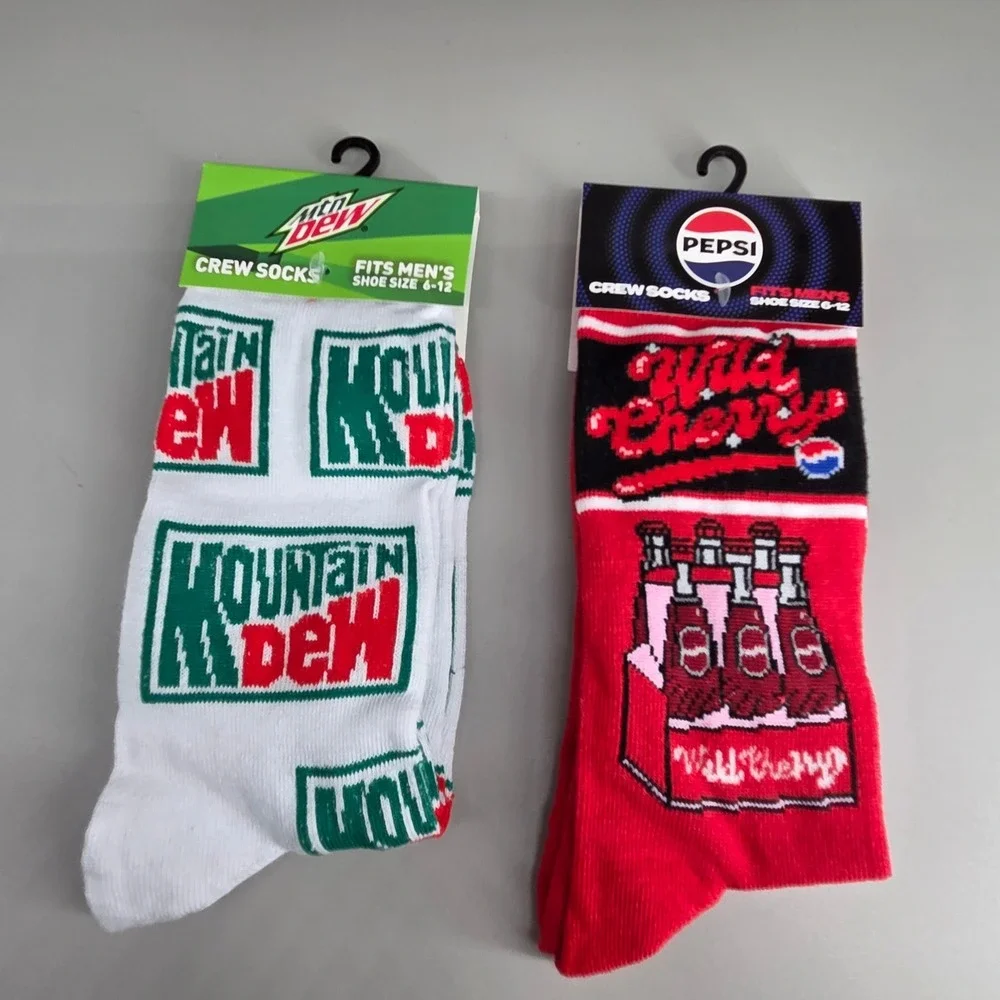 Mountain Dew Pepsi Wild Cherry‎ Crew Socks Mens 6-12 2 Pair Bundle Soda Pop Art